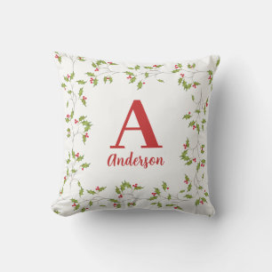 Christmas Elegant Holiday Holly Monogram Greenery Cushion