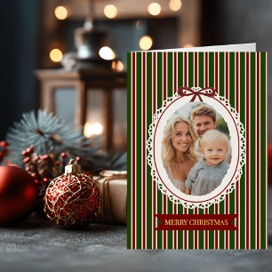 Christmas Elegant Oval Photo Stripes Elegant Chic Foil Holiday Card