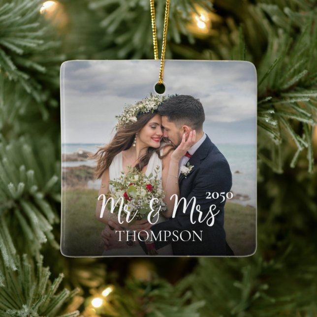 Christmas Elegant Photo Mr. and Mrs. Simple  Ceramic Ornament (Tree)