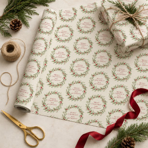 Christmas Elegant Red and Green Wreath Custom Wrapping Paper