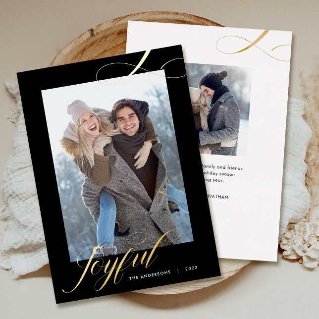Christmas Elegant Script Joyful Photo Gold Foil Holiday Card (Creator Uploaded)