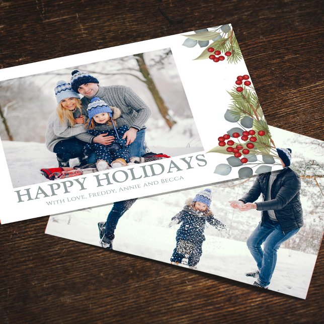 Christmas Elegant Winter Holly Berries 2 Photo Holiday Card (Happy Holidays photo card with blue eucalyptus and winter greenery. )