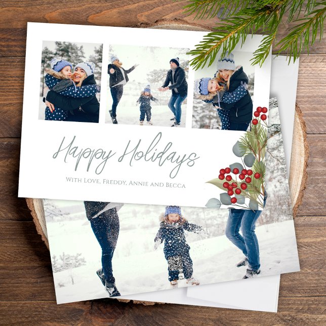 Christmas Elegant Winter Holly Berries 4 Photo Holiday Card (Happy Holiday calligraphy script Christmas photo card with a four photo template. )