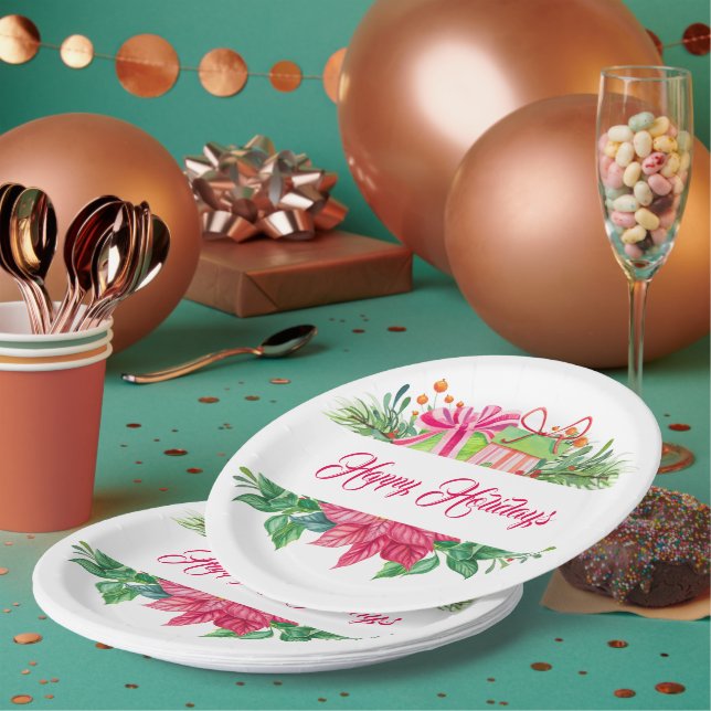 Christmas Elements Happy Holidays Paper Plate (Multi)