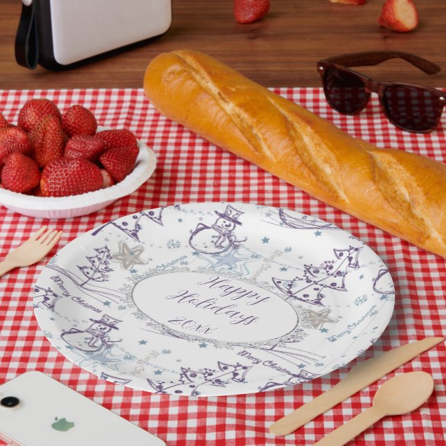 Christmas Elements Snowman Sketch Paper Plate (Picnic)
