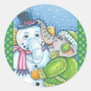 CHRISTMAS ELEPHANT BUILDING CUTE PACHYDERM SNOWMAN CLASSIC ROUND STICKER