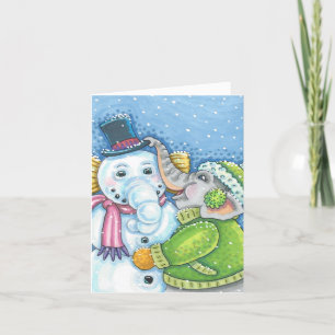 CHRISTMAS ELEPHANT BUILDING CUTE PACHYDERM SNOWMAN HOLIDAY CARD