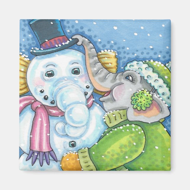 CHRISTMAS ELEPHANT BUILDING CUTE PACHYDERM SNOWMAN MAGNET (Front)