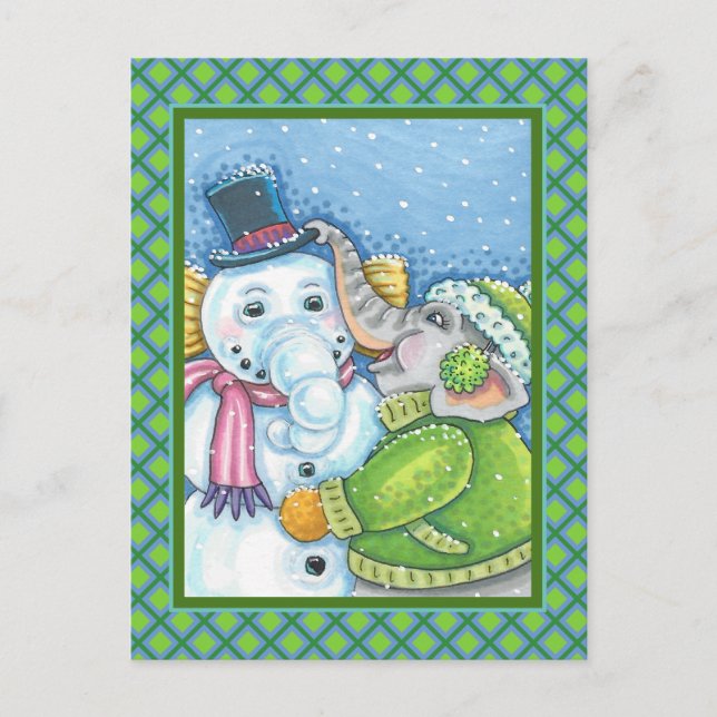 CHRISTMAS ELEPHANT BUILDING CUTE PACHYDERM SNOWMAN POSTCARD (Front)