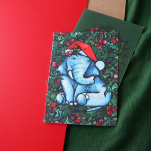 Christmas Elephant Holly Holiday Card