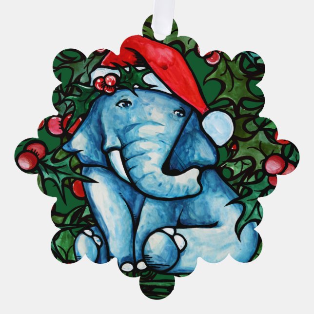 Christmas Elephant Holly  Tree Decoration Card (Front)