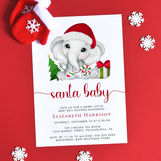 Christmas Elephant Santa Baby Boy Shower Invitation (Creator Uploaded)