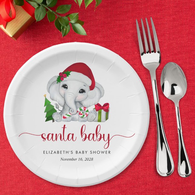 Christmas Elephant Santa Baby Girl Shower Paper Plate (Creator Uploaded)