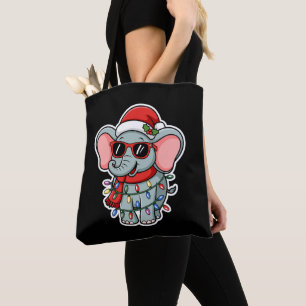 Christmas Elephant Santa Hat Sunglasses Lights Tote Bag