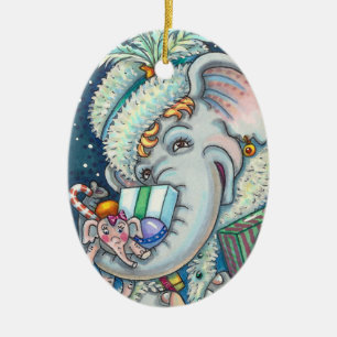 CHRISTMAS ELEPHANT, TRUNKFUL OF GIFTS & GOOD CHEER CERAMIC ORNAMENT