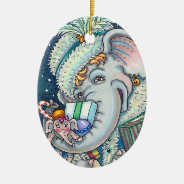 CHRISTMAS ELEPHANT, TRUNKFUL OF GIFTS & GOOD CHEER CERAMIC ORNAMENT (Front)