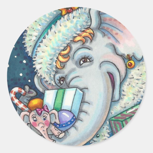CHRISTMAS ELEPHANT, TRUNKFUL OF GIFTS & GOOD CHEER CLASSIC ROUND STICKER (Front)
