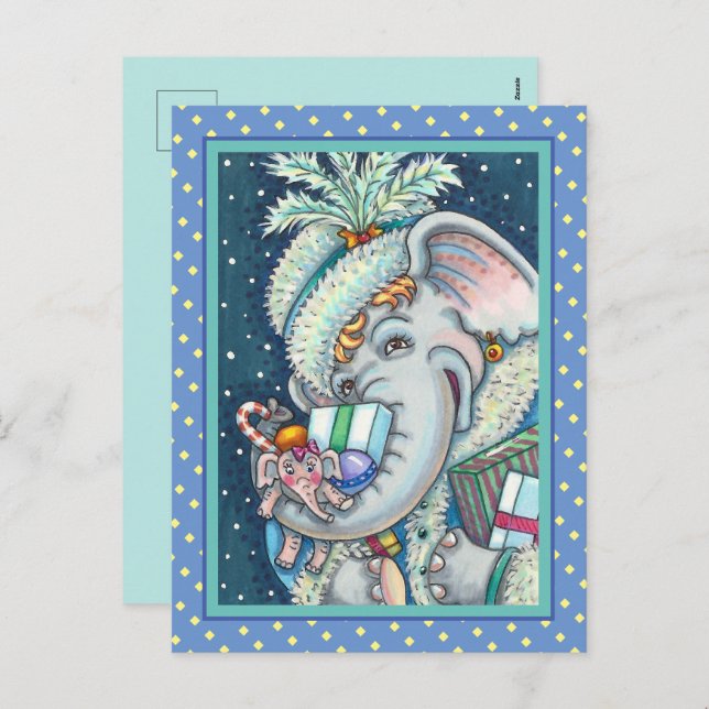 CHRISTMAS ELEPHANT, TRUNKFUL OF GIFTS & GOOD CHEER HOLIDAY POSTCARD (Front/Back)