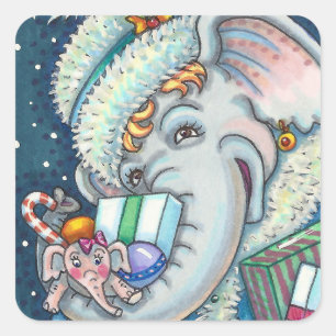CHRISTMAS ELEPHANT, TRUNKFUL OF GIFTS & GOOD CHEER SQUARE STICKER