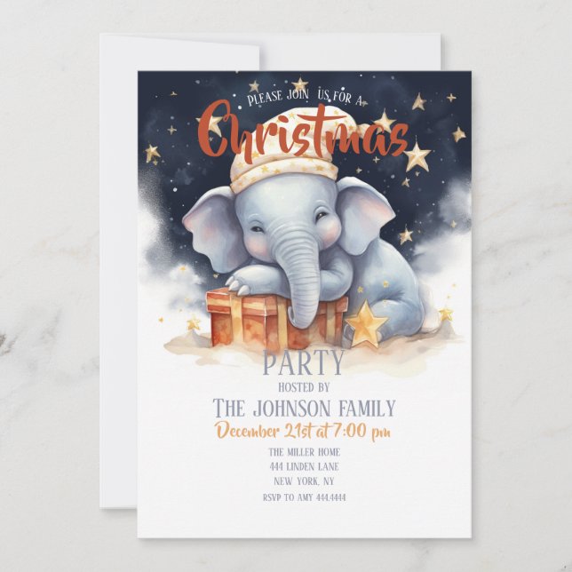 Christmas Elephant Watercolor Invitation (Front)