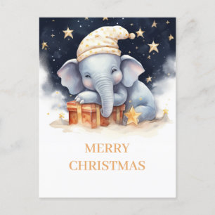 Christmas Elephant Watercolor Postcard