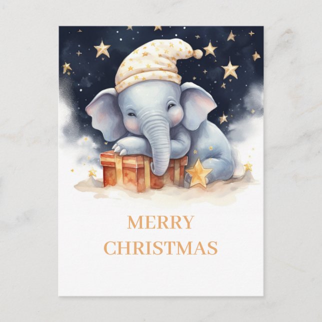Christmas Elephant Watercolor Postcard (Front)