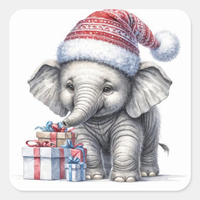 Christmas Elephant With Holiday Gifts Square Sticker (Front)