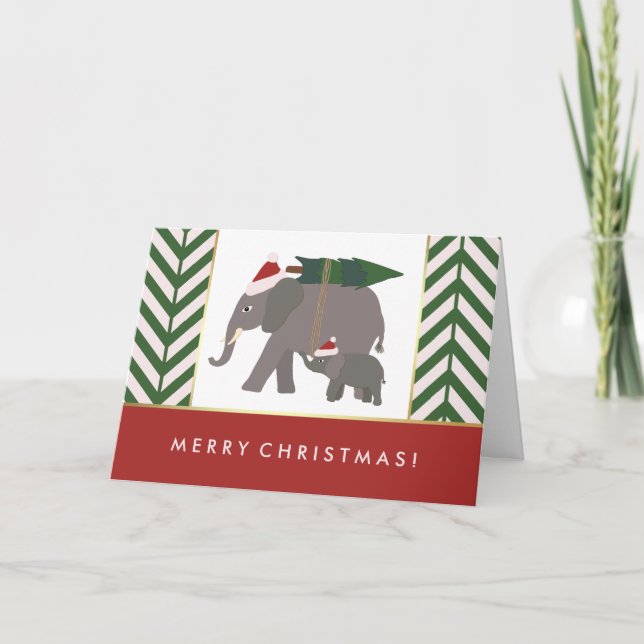 Christmas Elephants with Hats, Tree, and Chevron Holiday Card (Front)