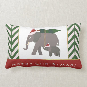 Christmas Elephants with Hats, Tree, and Chevron Lumbar Cushion