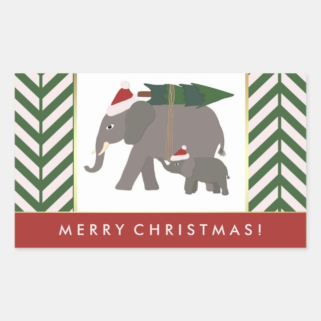 Christmas Elephants with Hats, Tree, and Chevron Rectangular Sticker (Front)