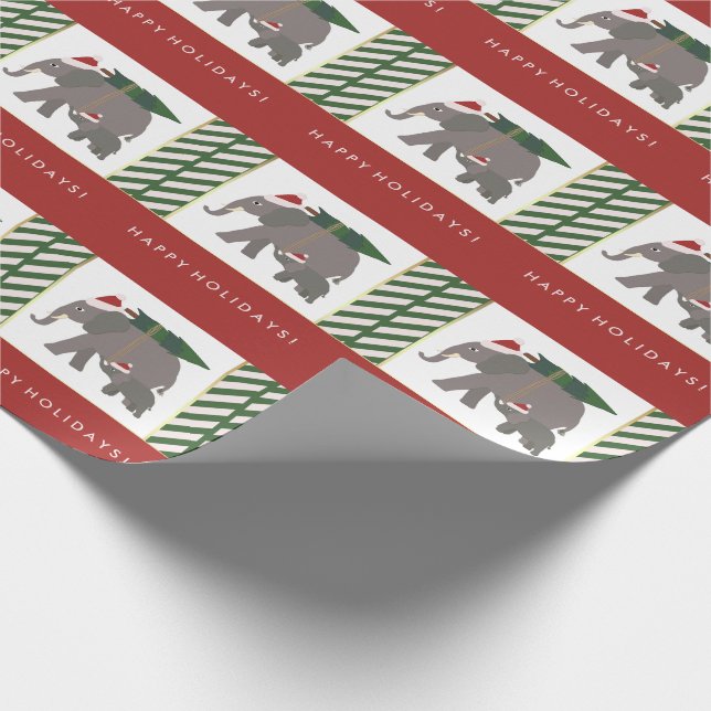 Christmas Elephants with Hats, Tree, and Stripes Wrapping Paper (Corner)