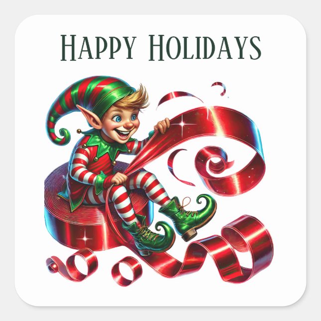 Christmas elf add message Happy Holidays Square Sticker (Front)