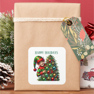 Christmas elf add message Happy Holidays Square Sticker