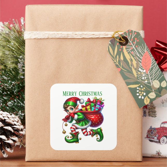 Christmas elf add message  Merry Christmas Square Sticker (Holiday)