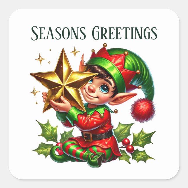 Christmas elf add message Seasons Greetings Square Sticker (Front)