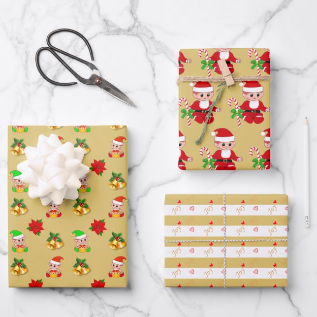 Christmas Elf and Bells on Golden White Stripes Wrapping Paper Sheet (Front)