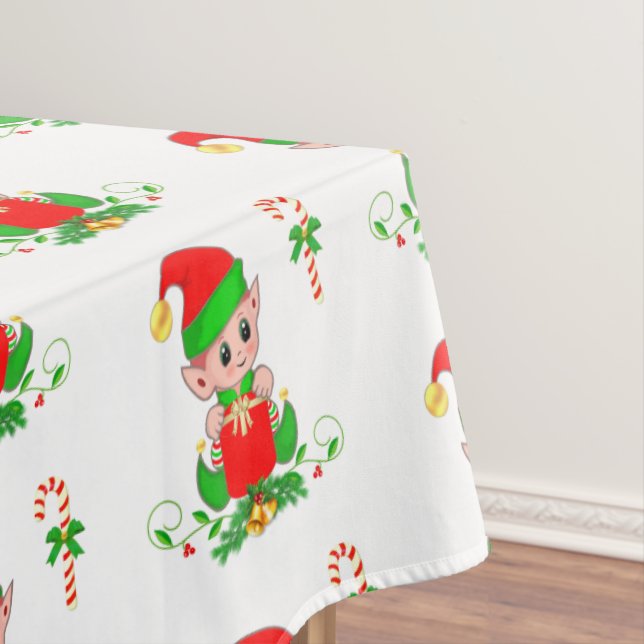 Christmas Elf and Candy Cane on White Tablecloth (In Situ)