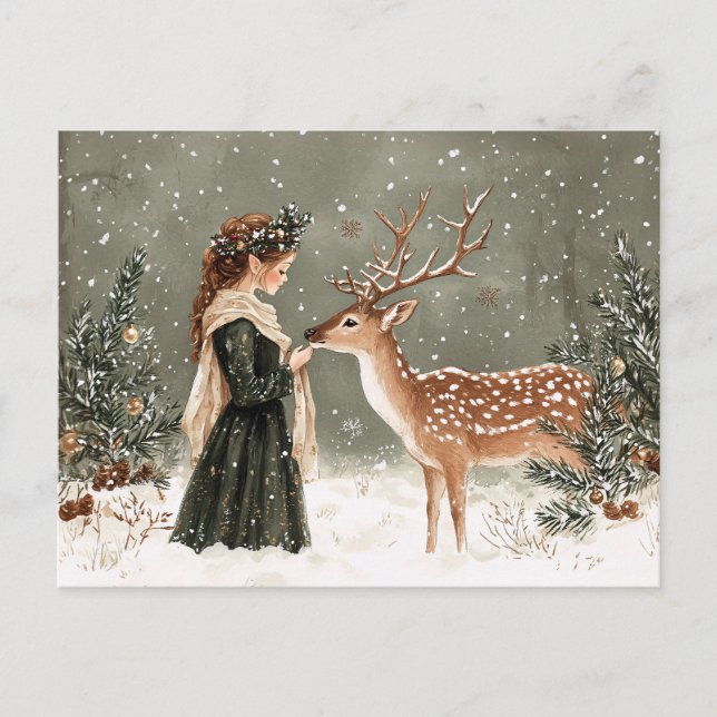 Christmas Elf and Deer Winter Postcard (Front)
