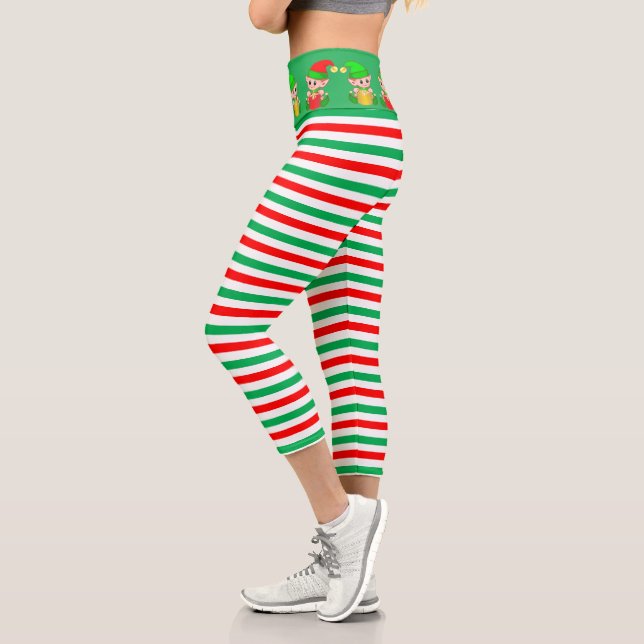 Christmas elf and green, red, white striped capri leggings (Left)