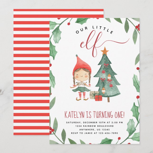 Christmas Elf Birthday Party Invitation Girl (Front/Back)