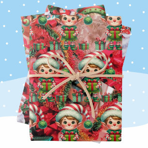Christmas Elf & Bows & Santa Fun Holiday  Wrapping Paper Sheet