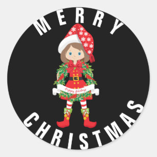 Christmas Elf/Brunette/ with Wreath/ xMas Sticker