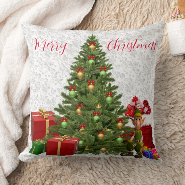 Christmas Elf by Tree with Gifts Throw Pillow (Blanket)