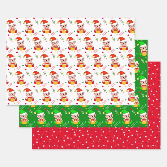 Christmas elf, candy cane, confetti on green & red wrapping paper sheet (Set)