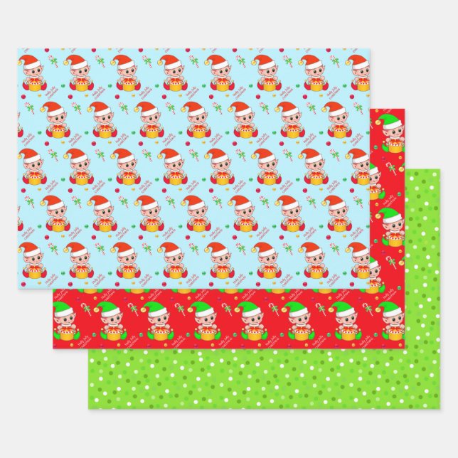 Christmas elf, candy cane, confetti on green & red wrapping paper sheet (Set)