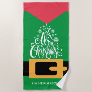 Christmas Elf Costume Personalised Family Name Beach Towel