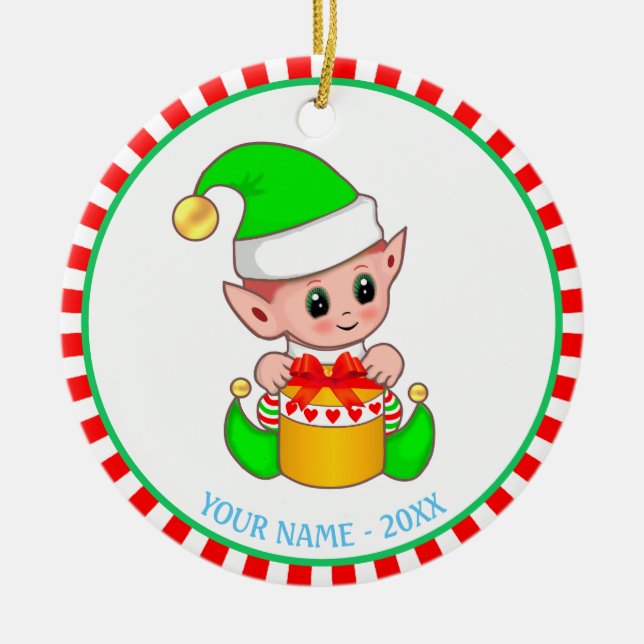 Christmas Elf & Custom Name Ceramic Ornament (Front)