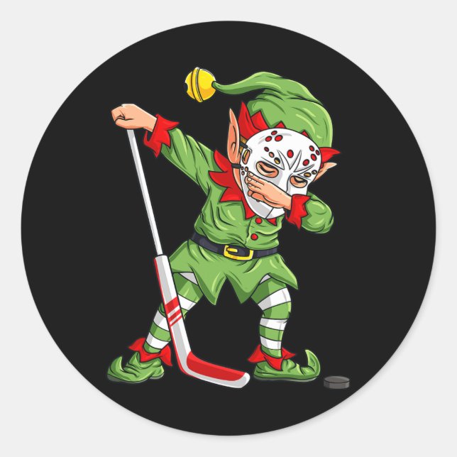 Christmas Elf Dabbing Ice Hockey Player Boys Kids  Classic Round Sticker (Front)