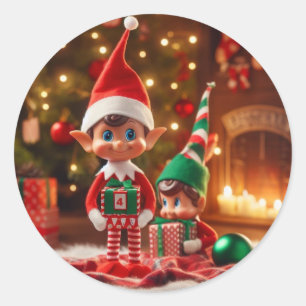 Christmas Elf Elves with Gifts AI Image Classic Round Sticker