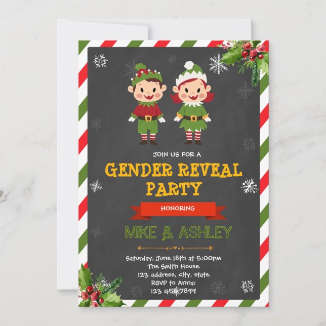 Christmas elf gender reveal party invitation (Front)